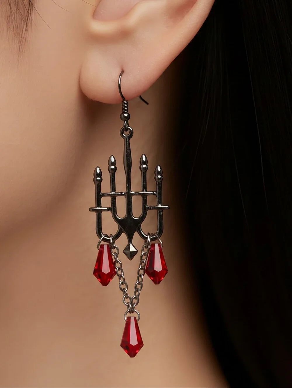 Gothic Chandelier Earrings Ruby Red Vampire Goth Blood Drop Dripping Candelabra